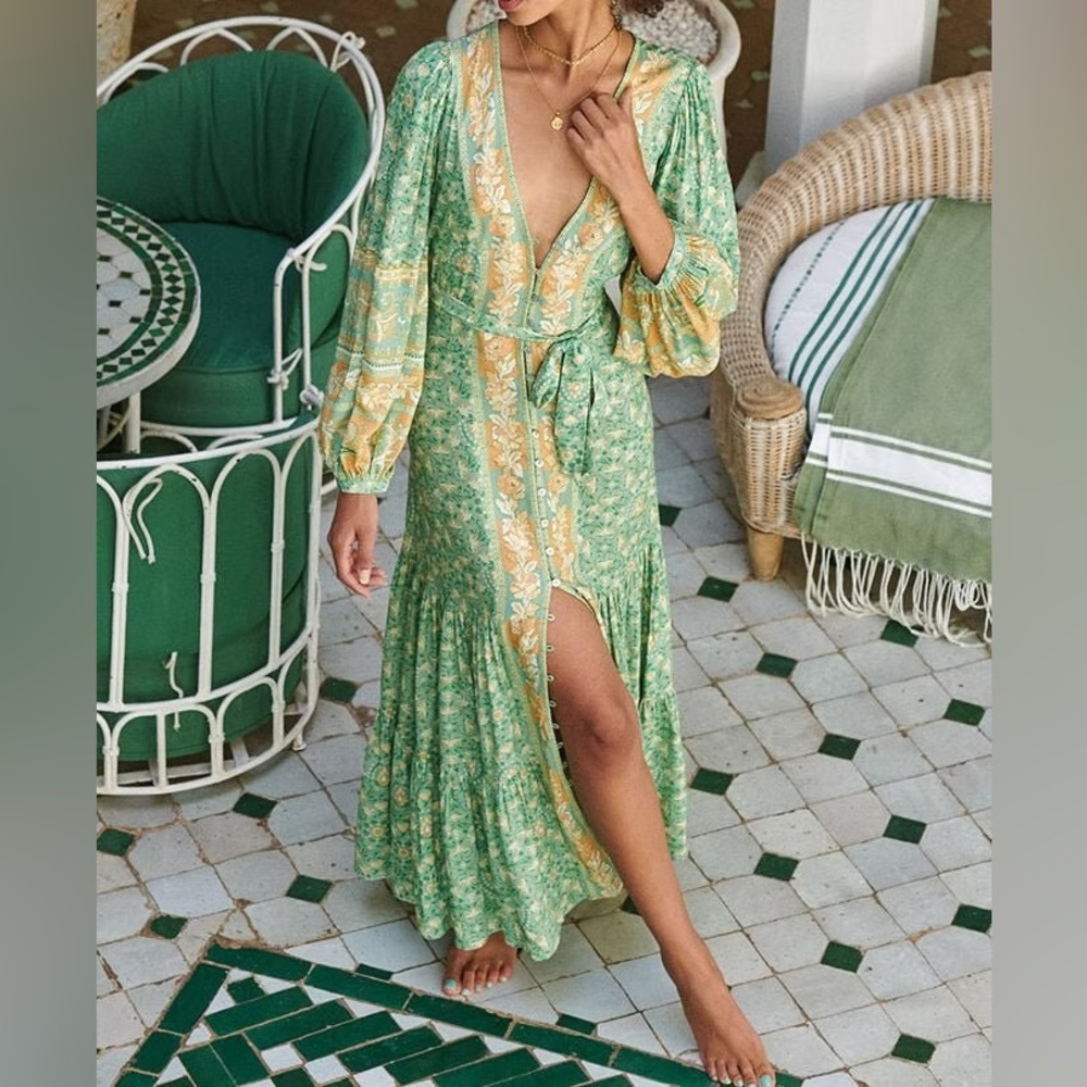 Spell Madame Peacock Button Through Gown in Emerald size XS - Picture 3 of 8